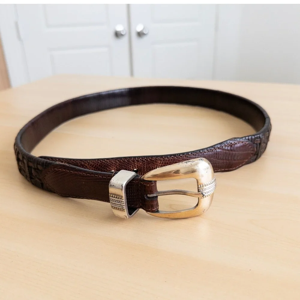 Mens Leather Belt Size 34 Brown Woven Western Lizard Embossed Buckle Cowboy